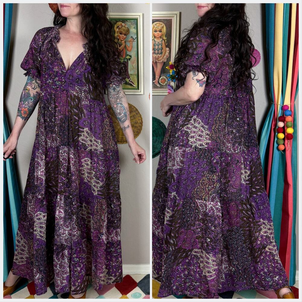 Vintage 1970s Purple Short Sleeve Tiered Gauzy Cotton Midi Dress - Picture 4 of 8